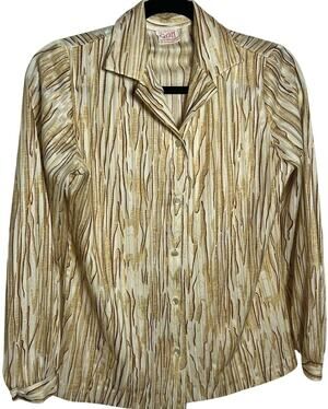 VTG 70s Graff Californiawear Faux Bois Wood Grain Blouse Dagger Collar S/M Disco